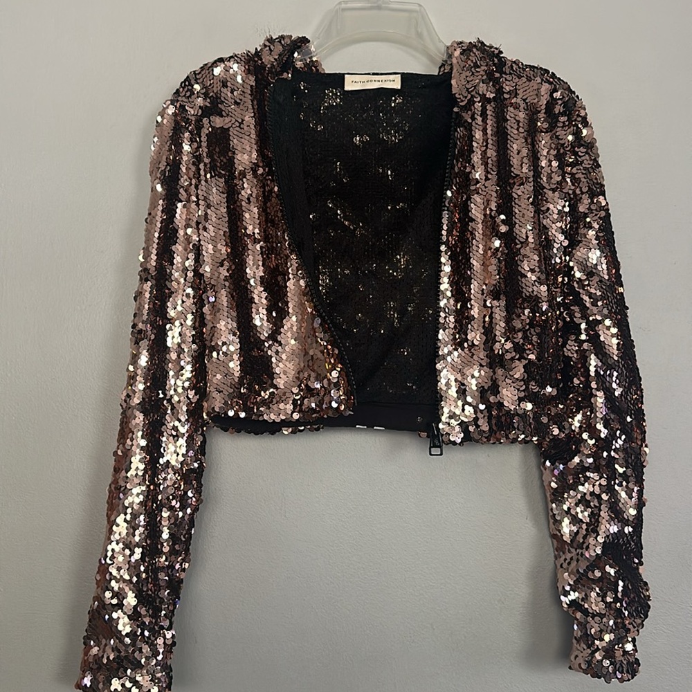 Faith Connexion women copper rose sequin zip hoodie crop jacket w/kappa design - Picture 12 of 12